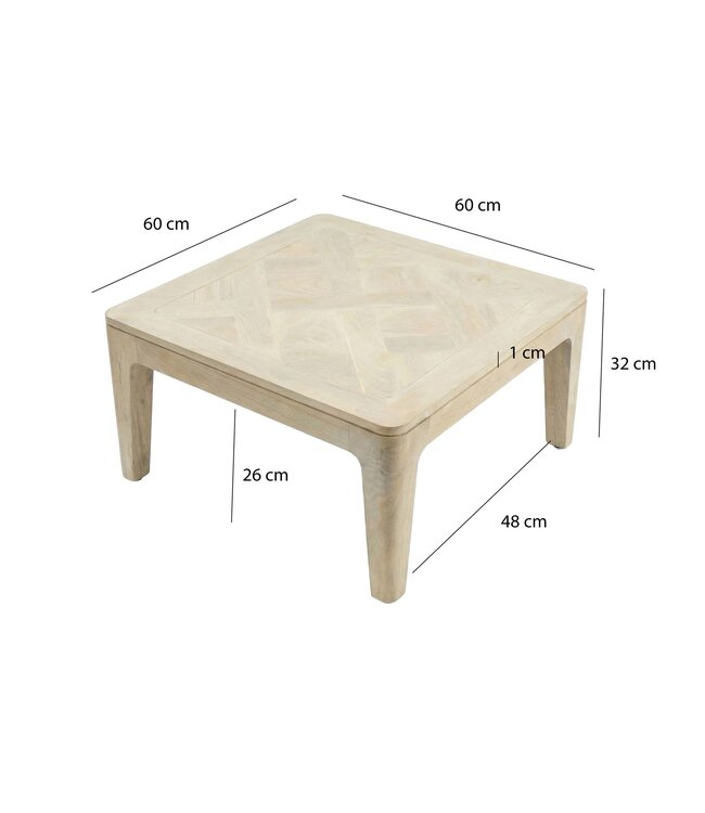 Wohnling Salontafel 60cm Massief Mangohout white wash - Vierkante Woonkamertafel - Moderne Houten Sofatafel - Design Woonkamer Bijzettafel Handgemaakt