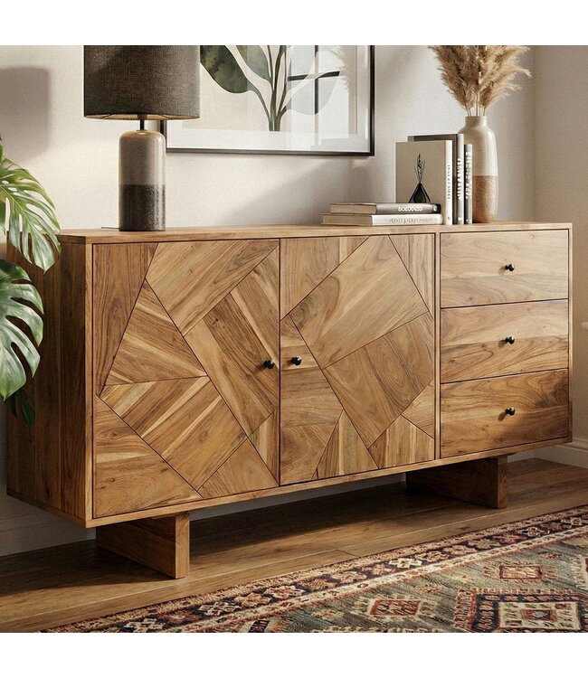Wohnling Design Dressoir Acacia Massief Hout 150 cm met 2 Deuren & 3 Lades - Massieve Houten Commode met Geometrisch Front Handgemaakt - Echt Houten Dressoir