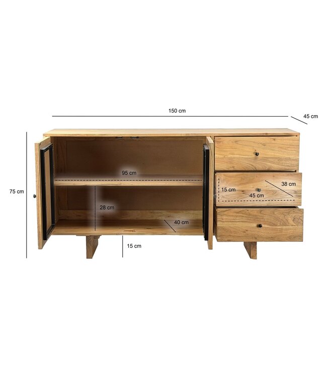 Wohnling Design Dressoir Acacia Massief Hout 150 cm met 2 Deuren & 3 Lades - Massieve Houten Commode met Geometrisch Front Handgemaakt - Echt Houten Dressoir