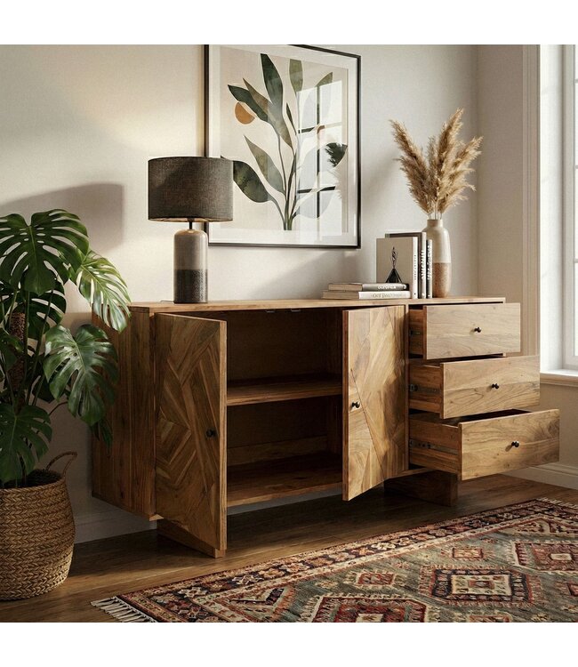Wohnling Design Dressoir Acacia Massief Hout 150 cm met 2 Deuren & 3 Lades - Massieve Houten Commode met Geometrisch Front Handgemaakt - Echt Houten Dressoir