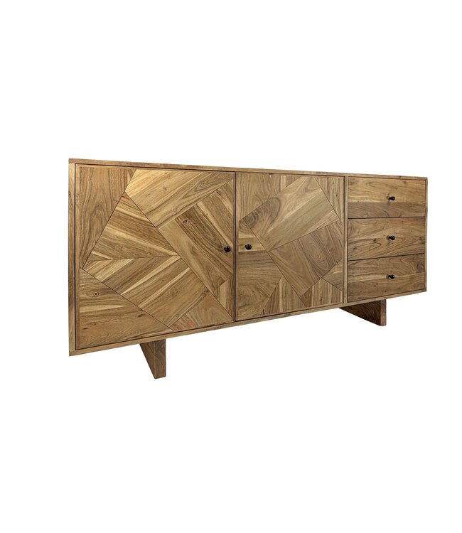 Wohnling Design Dressoir Acacia Massief Hout 150 cm met 2 Deuren & 3 Lades - Massieve Houten Commode met Geometrisch Front Handgemaakt - Echt Houten Dressoir