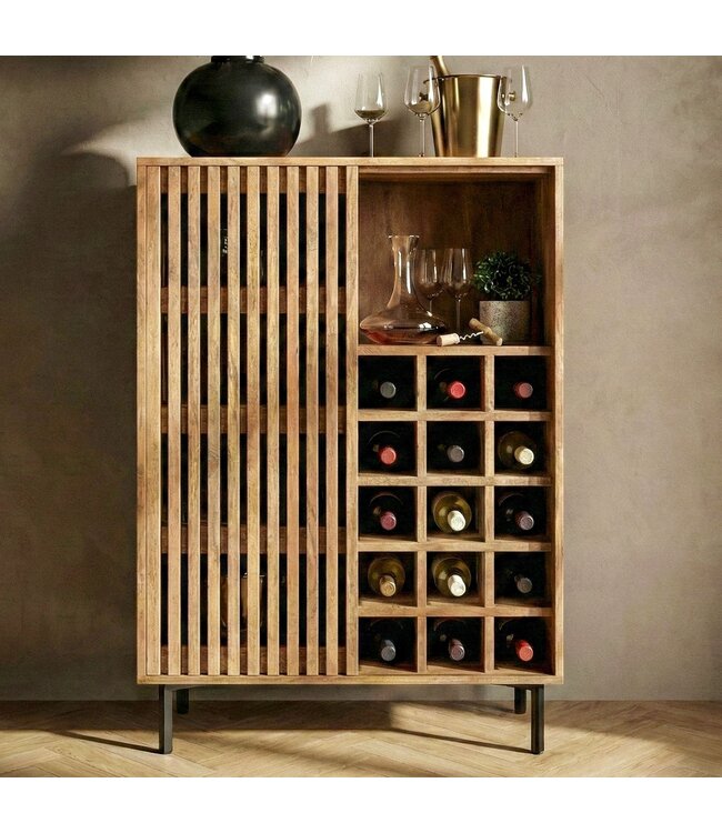 Wohnling Huisbar Mango Massief Hout 80x123cm Barkast met Schuifdeur in Rasterdesign - Barkast Wijnopslag - Drankenkast met Metalen Poten en Wijnrek Handgemaakt