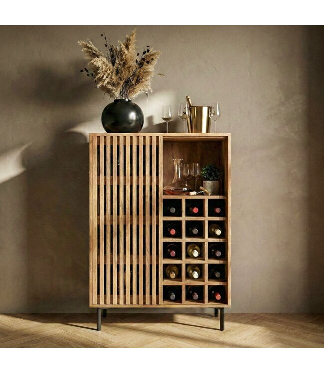 Wohnling Huisbar Mango Massief Hout 80x123cm Barkast met Schuifdeur in Rasterdesign - Barkast Wijnopslag - Drankenkast met Metalen Poten en Wijnrek Handgemaakt