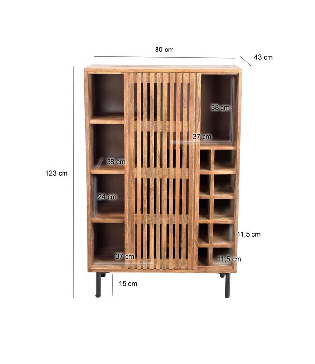 Wohnling Huisbar Mango Massief Hout 80x123cm Barkast met Schuifdeur in Rasterdesign - Barkast Wijnopslag - Drankenkast met Metalen Poten en Wijnrek Handgemaakt