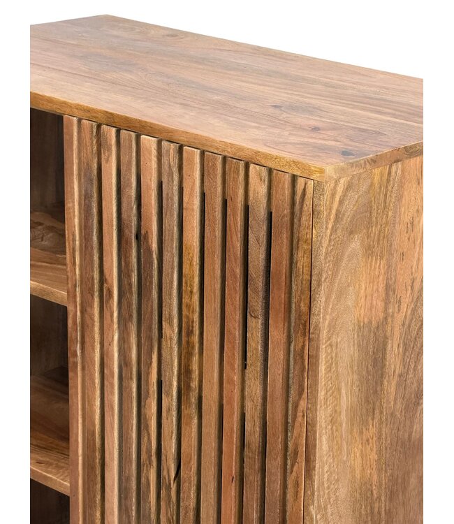 Wohnling Huisbar Mango Massief Hout 80x123cm Barkast met Schuifdeur in Rasterdesign - Barkast Wijnopslag - Drankenkast met Metalen Poten en Wijnrek Handgemaakt