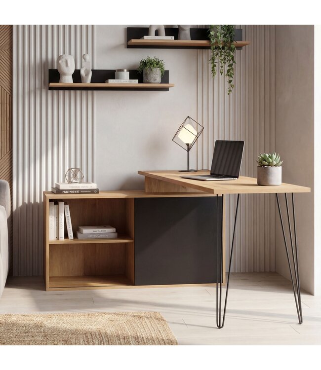 Wohnling Bureau MDF 130cm Eiken Decor Zwart L-vorm met Plank - Design Hoekbureau met Kast - Computertafel Houtlook - Bureaucombinatie Schuifdeur Opbergruimte Hairpin Homeoffice