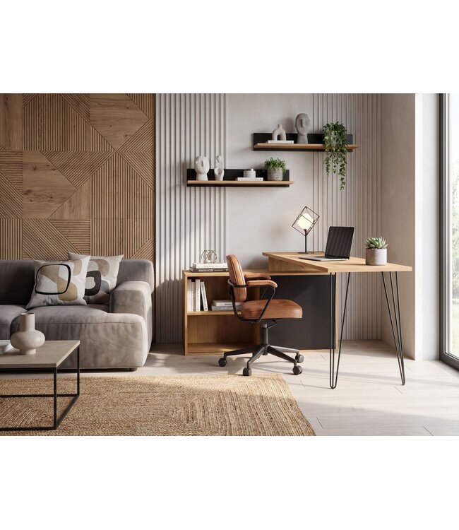 Wohnling Bureau MDF 130cm Eiken Decor Zwart L-vorm met Plank - Design Hoekbureau met Kast - Computertafel Houtlook - Bureaucombinatie Schuifdeur Opbergruimte Hairpin Homeoffice