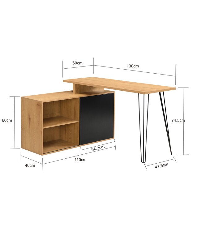 Wohnling Bureau MDF 130cm Eiken Decor Zwart L-vorm met Plank - Design Hoekbureau met Kast - Computertafel Houtlook - Bureaucombinatie Schuifdeur Opbergruimte Hairpin Homeoffice