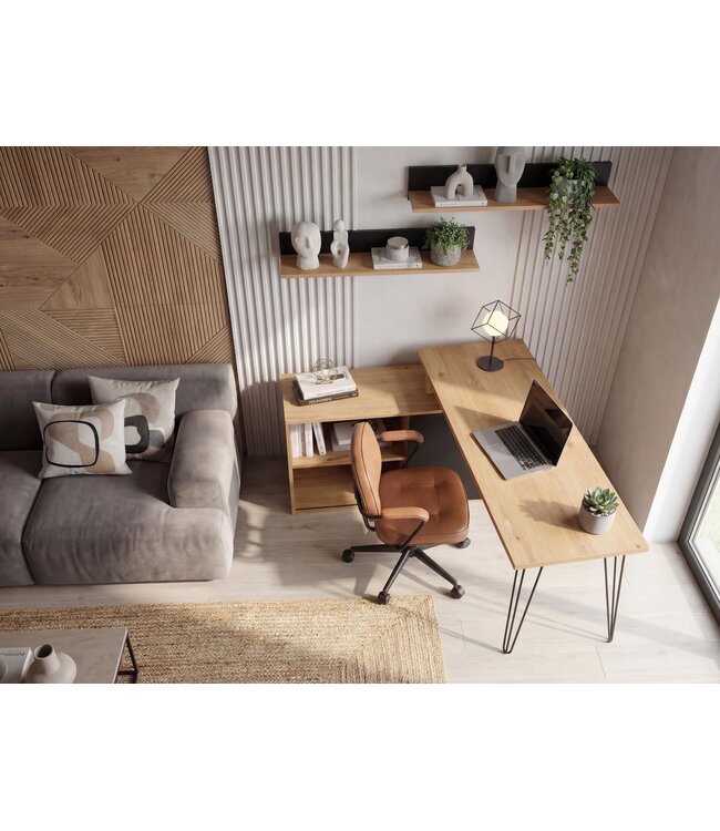 Wohnling Bureau MDF 130cm Eiken Decor Zwart L-vorm met Plank - Design Hoekbureau met Kast - Computertafel Houtlook - Bureaucombinatie Schuifdeur Opbergruimte Hairpin Homeoffice