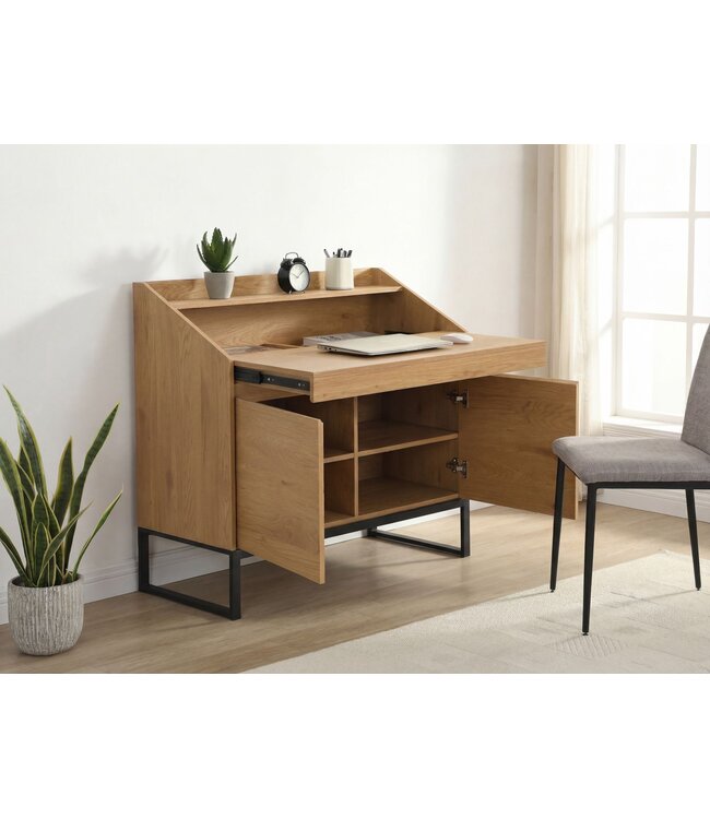 Wohnling Secretaire MDF 100cm Eiken Decor Metalen Poten Rechthoekig - Design Compact Bureau Uitschuifbaar met Opbergruimte - Bureau Houtlook - Kantoortafel met Kast Home Office