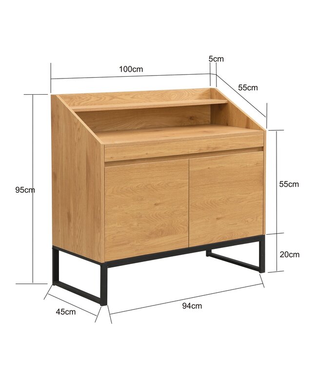 Wohnling Secretaire MDF 100cm Eiken Decor Metalen Poten Rechthoekig - Design Compact Bureau Uitschuifbaar met Opbergruimte - Bureau Houtlook - Kantoortafel met Kast Home Office