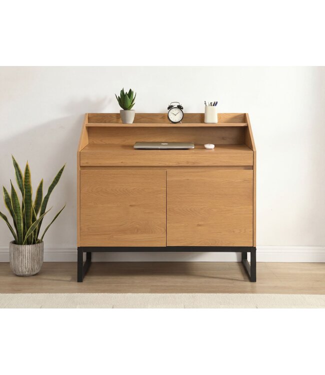 Wohnling Secretaire MDF 100cm Eiken Decor Metalen Poten Rechthoekig - Design Compact Bureau Uitschuifbaar met Opbergruimte - Bureau Houtlook - Kantoortafel met Kast Home Office