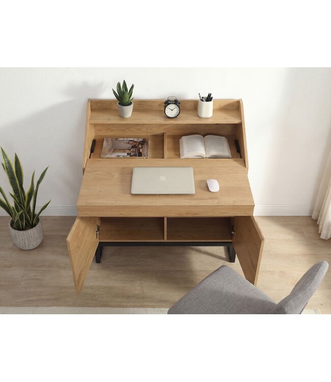 Wohnling Secretaire MDF 100cm Eiken Decor Metalen Poten Rechthoekig - Design Compact Bureau Uitschuifbaar met Opbergruimte - Bureau Houtlook - Kantoortafel met Kast Home Office