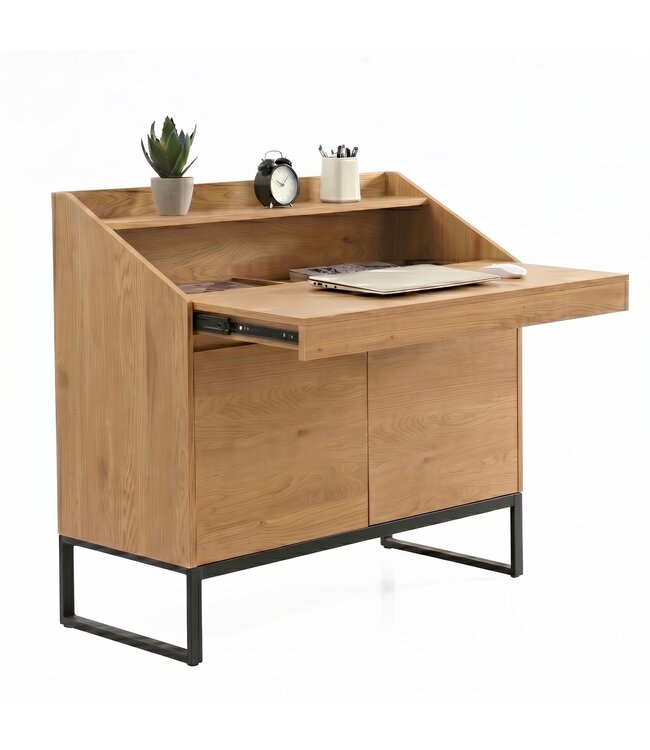Wohnling Secretaire MDF 100cm Eiken Decor Metalen Poten Rechthoekig - Design Compact Bureau Uitschuifbaar met Opbergruimte - Bureau Houtlook - Kantoortafel met Kast Home Office
