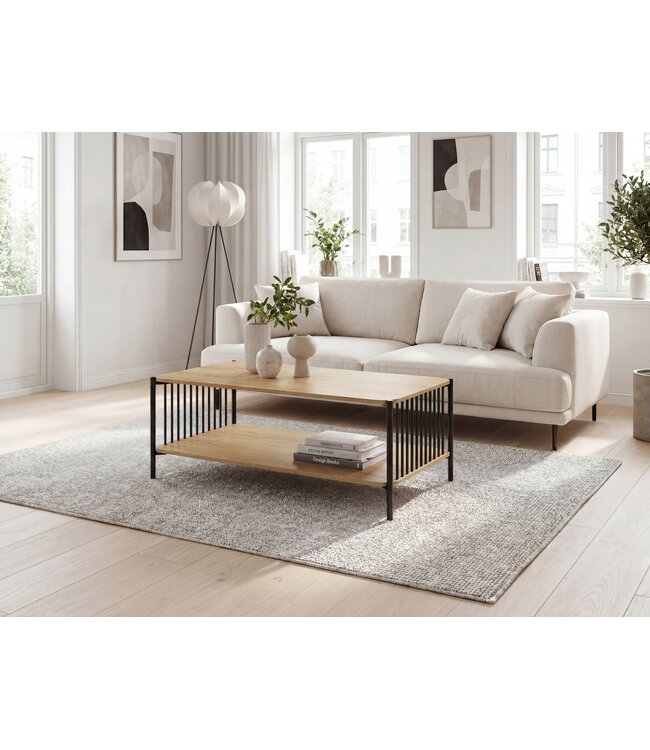 Wohnling Salontafel 110x60cm Eikenlook Zwart Rechthoekig - Design Sofatafel Metaal - Woonkamertafel Opbergruimte - Loungtafel Opbergruimte - Bijzettafel Koffietafel