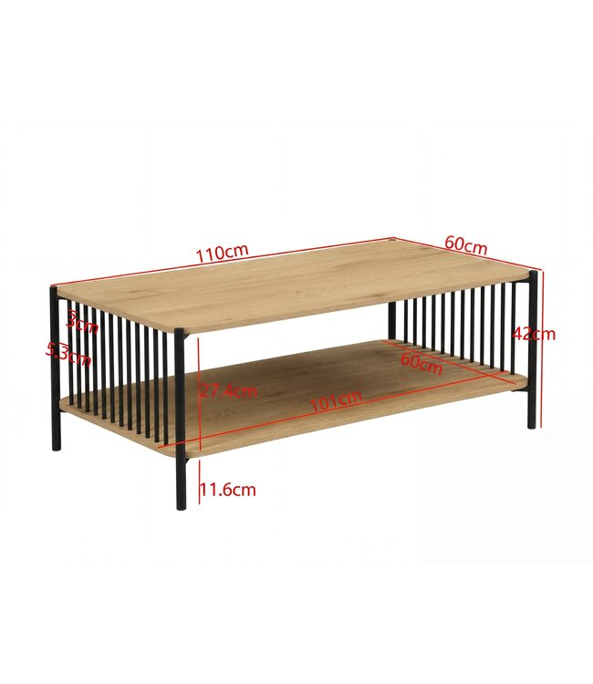Wohnling Salontafel 110x60cm Eikenlook Zwart Rechthoekig - Design Sofatafel Metaal - Woonkamertafel Opbergruimte - Loungtafel Opbergruimte - Bijzettafel Koffietafel