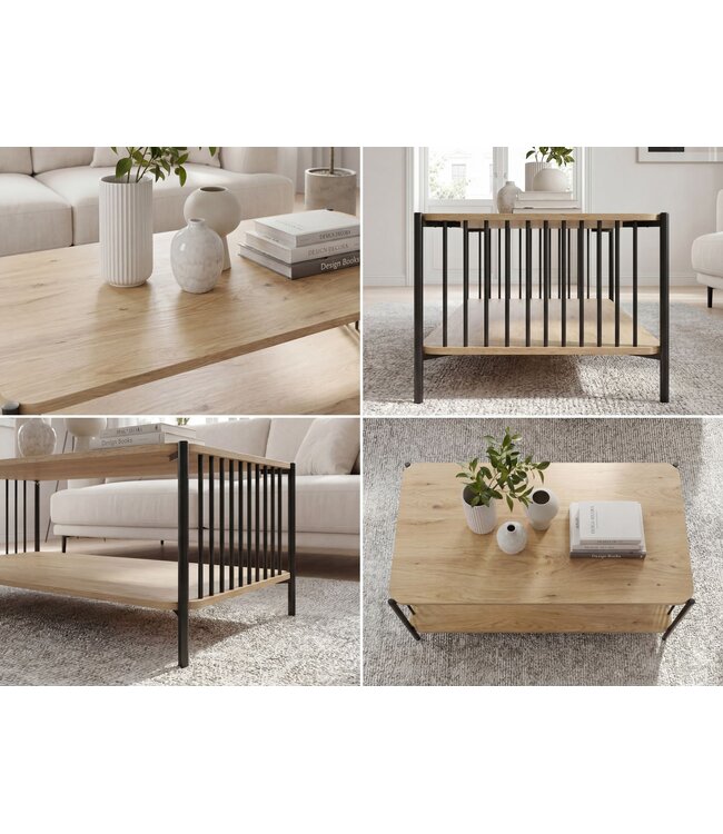 Wohnling Salontafel 110x60cm Eikenlook Zwart Rechthoekig - Design Sofatafel Metaal - Woonkamertafel Opbergruimte - Loungtafel Opbergruimte - Bijzettafel Koffietafel