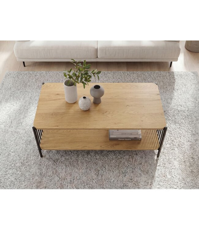 Wohnling Salontafel 110x60cm Eikenlook Zwart Rechthoekig - Design Sofatafel Metaal - Woonkamertafel Opbergruimte - Loungtafel Opbergruimte - Bijzettafel Koffietafel