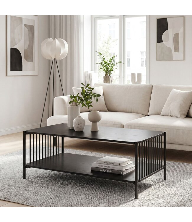 Wohnling Salontafel 110x60cm Eiken Look Zwart Rechthoekig - Design Banktafel Metaal - Woonkamertafel Opbergruimte - Loungtafel Opbergruimte - Bijzettafel Koffietafel