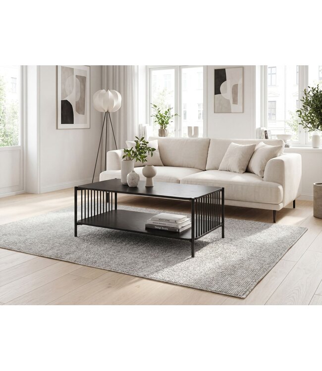 Wohnling Salontafel 110x60cm Eiken Look Zwart Rechthoekig - Design Banktafel Metaal - Woonkamertafel Opbergruimte - Loungtafel Opbergruimte - Bijzettafel Koffietafel