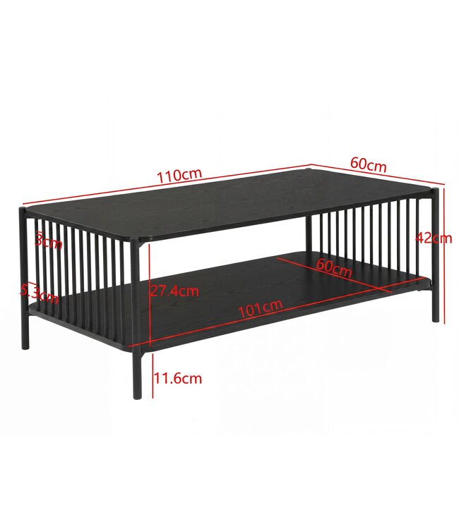 Wohnling Salontafel 110x60cm Eiken Look Zwart Rechthoekig - Design Banktafel Metaal - Woonkamertafel Opbergruimte - Loungtafel Opbergruimte - Bijzettafel Koffietafel