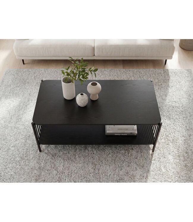 Wohnling Salontafel 110x60cm Eiken Look Zwart Rechthoekig - Design Banktafel Metaal - Woonkamertafel Opbergruimte - Loungtafel Opbergruimte - Bijzettafel Koffietafel