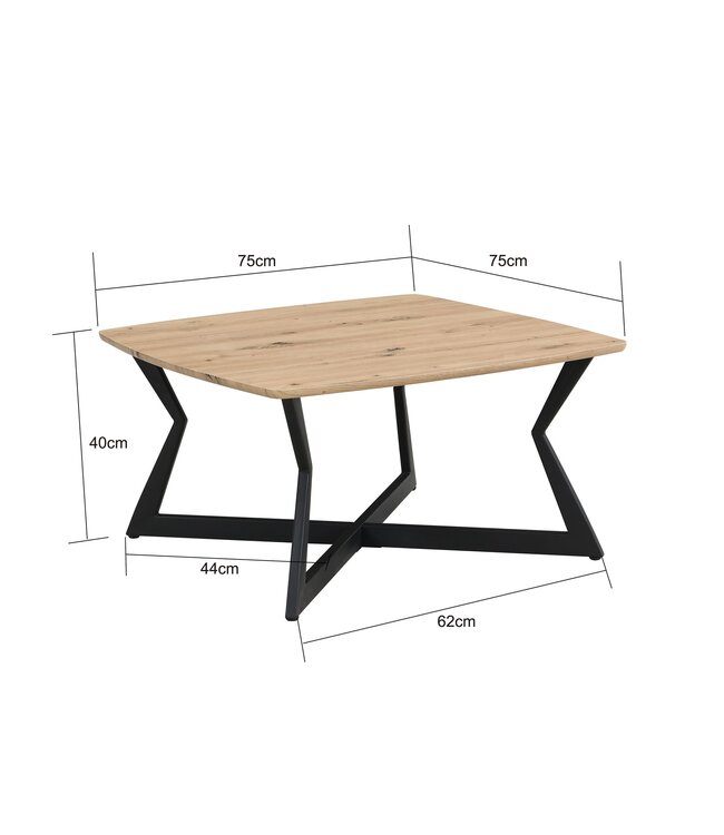 Wohnling Salontafel Vierkant 75x75cm Eiken Look Zwart - Design Banktafel - Woonkamertafel Loungetafel Modern - Bijzettafel Koffietafel Industrieel