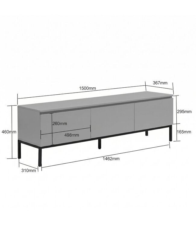 Wohnling Lowboard 150cm TV-meubel Grijs Rechthoekig met 3 Lades - Design TV-kast - TV-tafel Greeploos - Moderne TV-kast - TV-dressoir Woonkamer