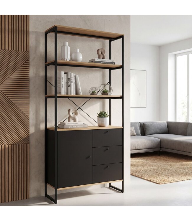 Wohnling Boekenkast MDF Metaal 180cm Eiken Decor Zwart - Design Staand Rek - Multifunctioneel Rek Houtlook hoog - Kast met Lades en Deur - Opbergrek Woonkamerrek