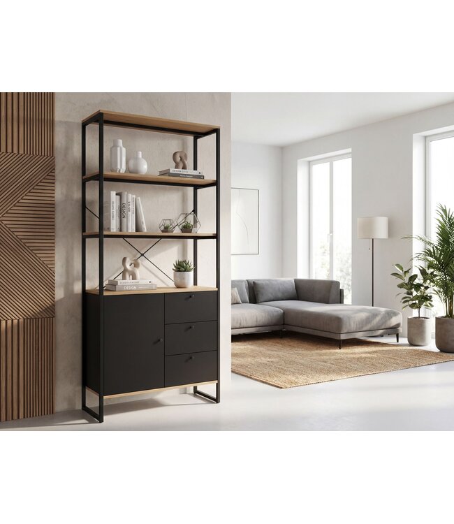 Wohnling Boekenkast MDF Metaal 180cm Eiken Decor Zwart - Design Staand Rek - Multifunctioneel Rek Houtlook hoog - Kast met Lades en Deur - Opbergrek Woonkamerrek