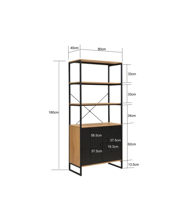 Wohnling Boekenkast MDF Metaal 180cm Eiken Decor Zwart - Design Staand Rek - Multifunctioneel Rek Houtlook hoog - Kast met Lades en Deur - Opbergrek Woonkamerrek