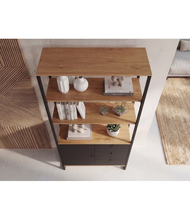Wohnling Boekenkast MDF Metaal 180cm Eiken Decor Zwart - Design Staand Rek - Multifunctioneel Rek Houtlook hoog - Kast met Lades en Deur - Opbergrek Woonkamerrek
