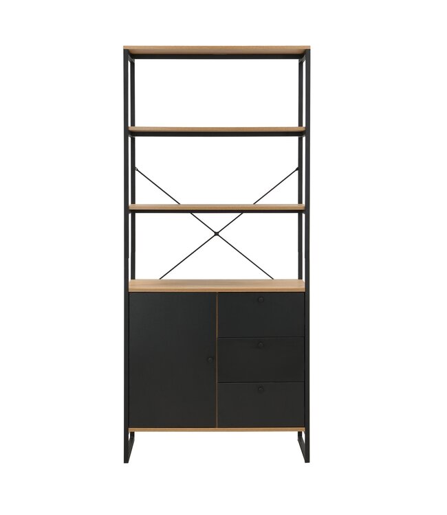 Wohnling Boekenkast MDF Metaal 180cm Eiken Decor Zwart - Design Staand Rek - Multifunctioneel Rek Houtlook hoog - Kast met Lades en Deur - Opbergrek Woonkamerrek