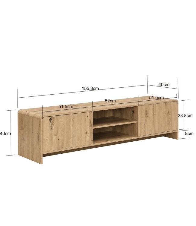 Wohnling TV Dressoir 155cm Eiken Decor - Modern TV-meubel met 2 deuren en plank - Stijlvolle TV-kast TV Dressoir - Elegant TV-dressoir voor de woonkamer