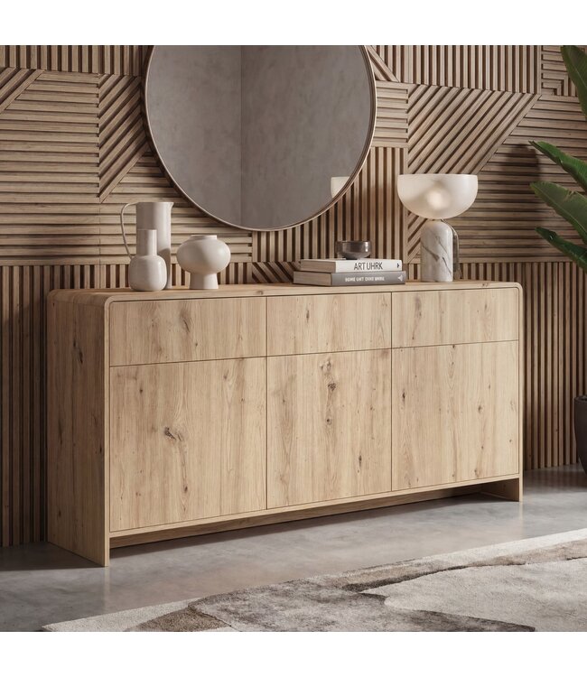 Wohnling Sideboard Eiken Decor 155cm - Ladekast met 3 Deuren en 3 Laden - Design Dressoir Greeploos Push to Open Modern