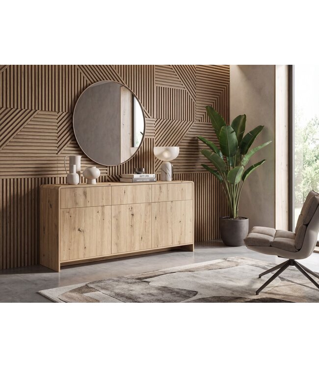 Wohnling Sideboard Eiken Decor 155cm - Ladekast met 3 Deuren en 3 Laden - Design Dressoir Greeploos Push to Open Modern