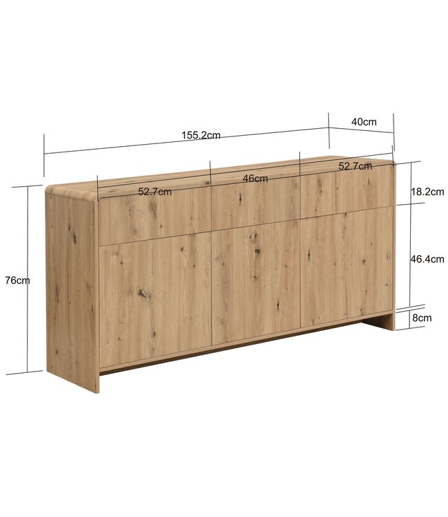 Wohnling Sideboard Eiken Decor 155cm - Ladekast met 3 Deuren en 3 Laden - Design Dressoir Greeploos Push to Open Modern