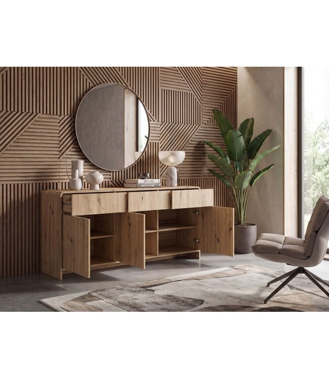 Wohnling Sideboard Eiken Decor 155cm - Ladekast met 3 Deuren en 3 Laden - Design Dressoir Greeploos Push to Open Modern
