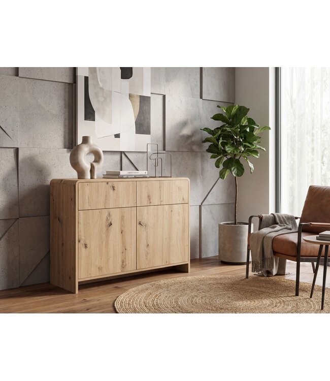Wohnling Dressoir Eiken Decor 88cm - Commode met 2 Deuren en 2 Lades - Design Dressoir Greeploos Push to Open Modern