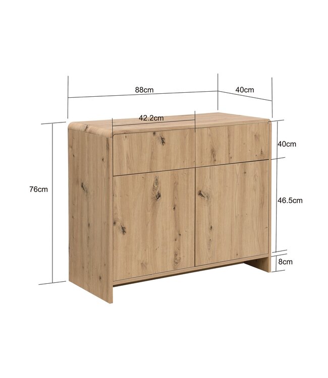 Wohnling Dressoir Eiken Decor 88cm - Commode met 2 Deuren en 2 Lades - Design Dressoir Greeploos Push to Open Modern
