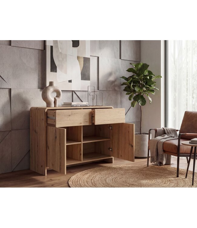 Wohnling Dressoir Eiken Decor 88cm - Commode met 2 Deuren en 2 Lades - Design Dressoir Greeploos Push to Open Modern