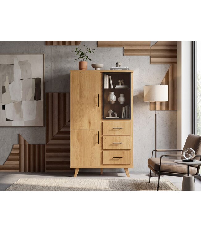 Wohnling Hoge kast MDF 188cm Eiken Decor Groot met deuren en laden - Design Staande kast - Multifunctionele kast Houtlook - Moderne woonkamerkast - Eetkamerkast met rek
