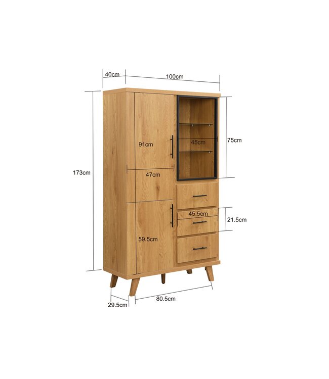Wohnling Hoge kast MDF 188cm Eiken Decor Groot met deuren en laden - Design Staande kast - Multifunctionele kast Houtlook - Moderne woonkamerkast - Eetkamerkast met rek