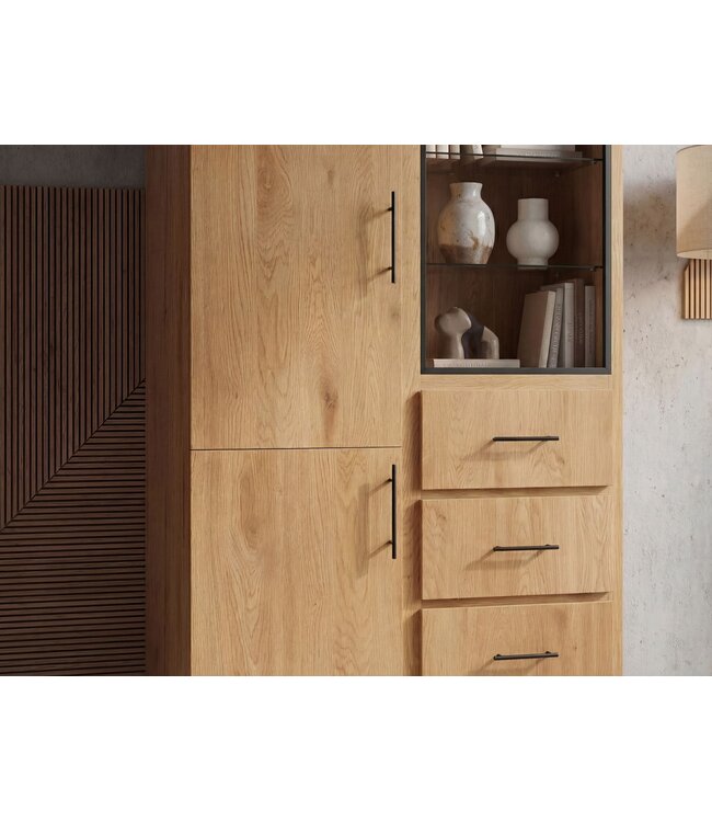 Wohnling Hoge kast MDF 188cm Eiken Decor Groot met deuren en laden - Design Staande kast - Multifunctionele kast Houtlook - Moderne woonkamerkast - Eetkamerkast met rek
