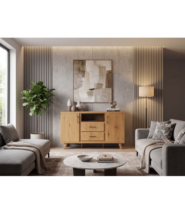 Wohnling Sideboard Eiken Decor 150cm - Commode met 2 Deuren en 2 Lades - Design Dressoir open Opbergvak - Moderne Staande Kast