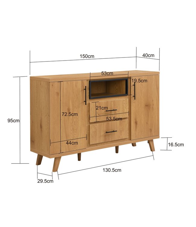 Wohnling Sideboard Eiken Decor 150cm - Commode met 2 Deuren en 2 Lades - Design Dressoir open Opbergvak - Moderne Staande Kast