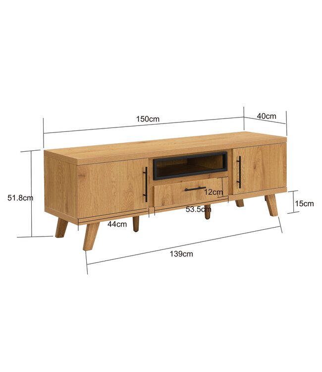 Wohnling TV Lowboard 150cm Eiken Decor - Modern TV-meubel met 2 deuren en lade - Stijlvolle TV-kast TV-dressoir - Elegant TV-dressoir voor de woonkamer