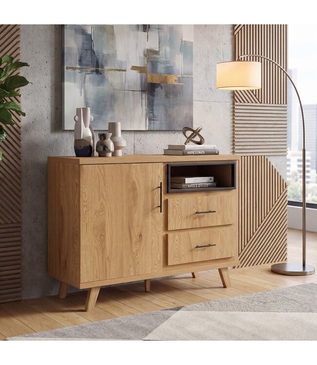 Wohnling Sideboard Eiken Decor 116cm - Commode met deur en 2 laden - Design Dressoir open opbergvak - Moderne Staande Kast
