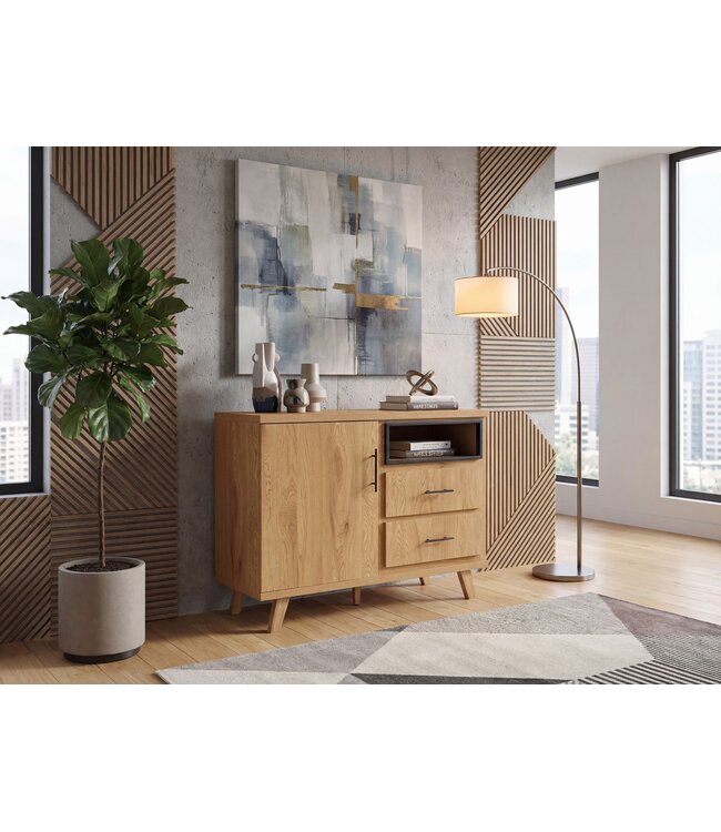 Wohnling Sideboard Eiken Decor 116cm - Commode met deur en 2 laden - Design Dressoir open opbergvak - Moderne Staande Kast