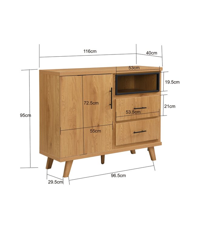 Wohnling Sideboard Eiken Decor 116cm - Commode met deur en 2 laden - Design Dressoir open opbergvak - Moderne Staande Kast